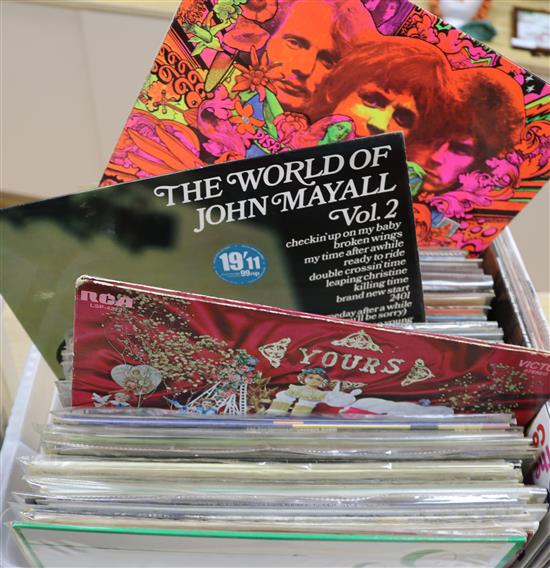 A large box of LPs containing Led Zeppelin, James Taylor, Kate Bush, Cream, Genesis, etc.